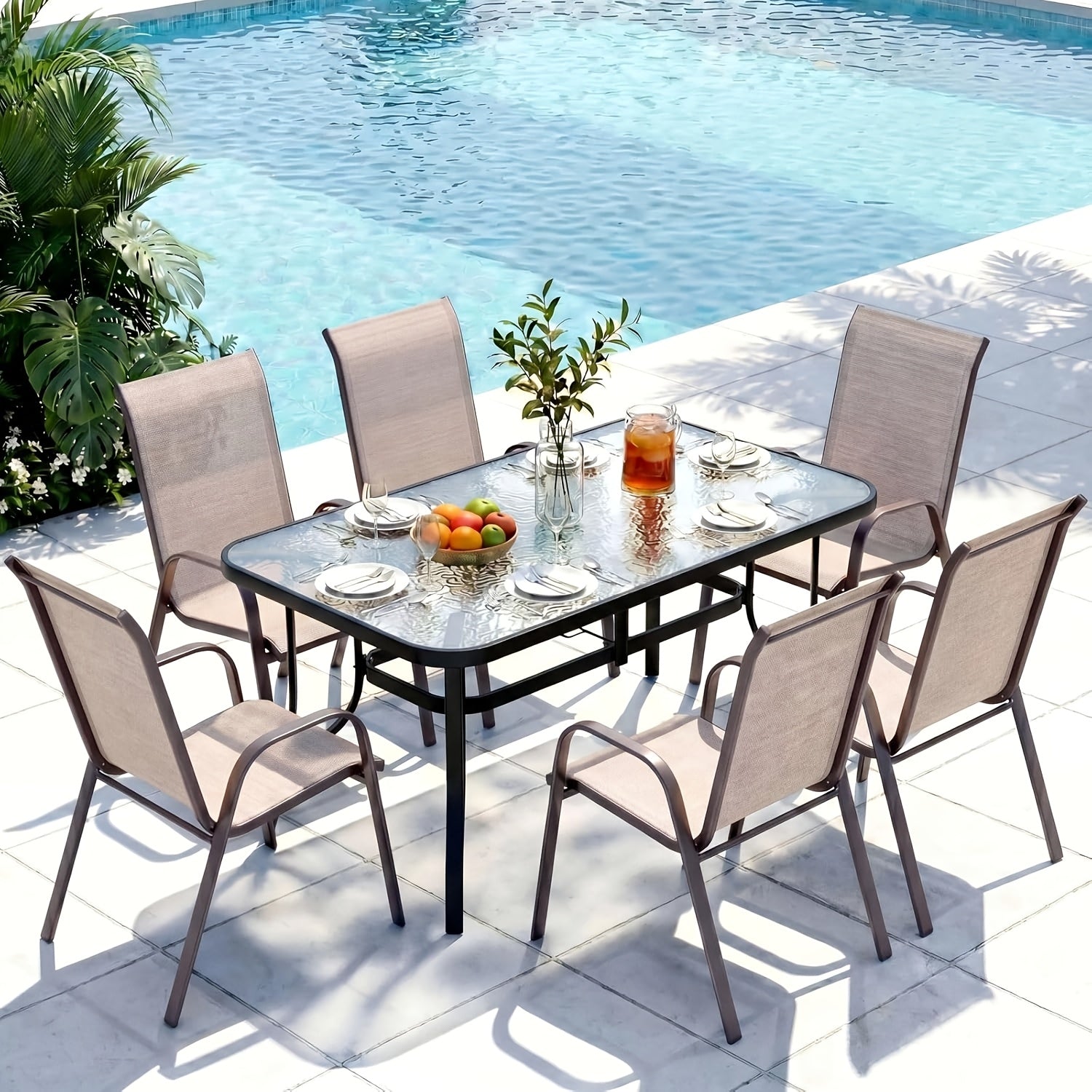 [All Weather Patio Set] Patio Dining Set for 6, Outdoor Table And Chairs W/ 1.69" Umbrella Hole, 30" X 55" Table And Stackable Textilene Chair, All Weather Patio Furniture Set (Umbrella Not Included)