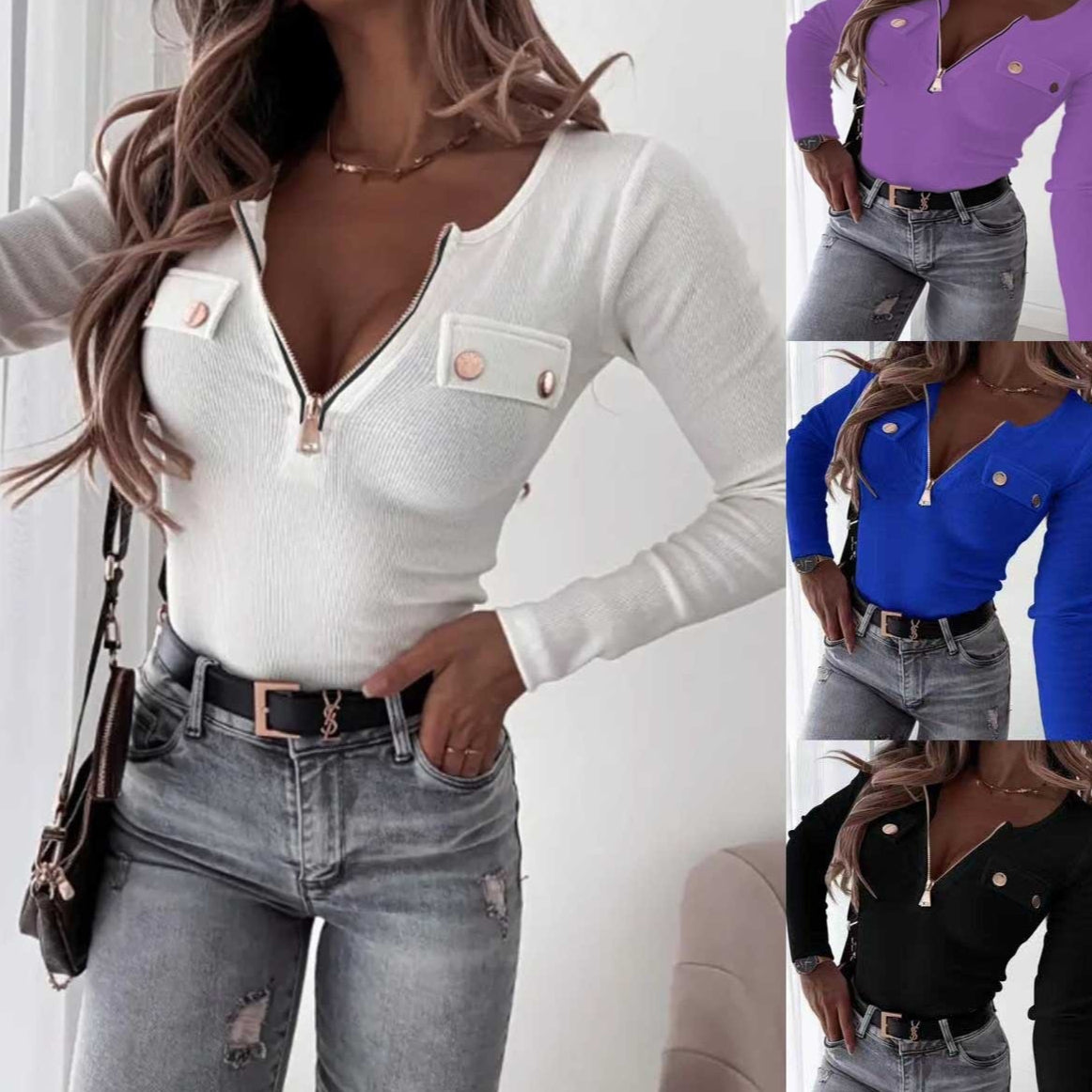 Slim-Fit V-Neck Long Sleeve Top – Cozy Streetwear T-Shirt