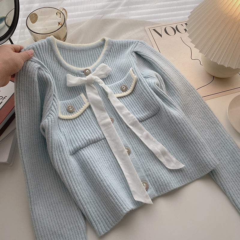 Retro Bow Diamond Cardigan French Short Top