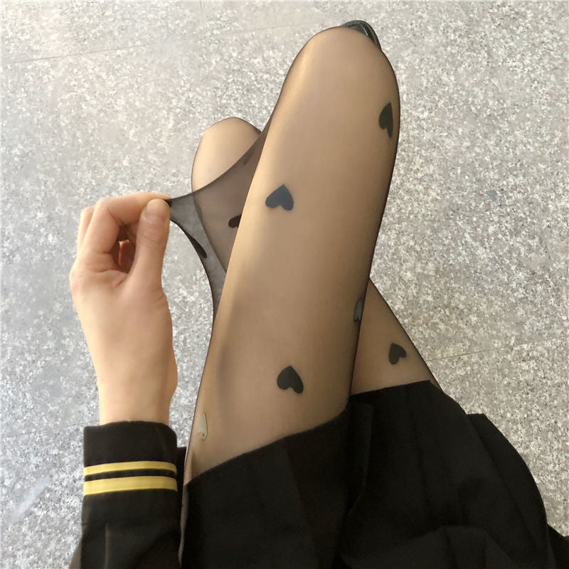 Summer Love Print Thin Black Stockings