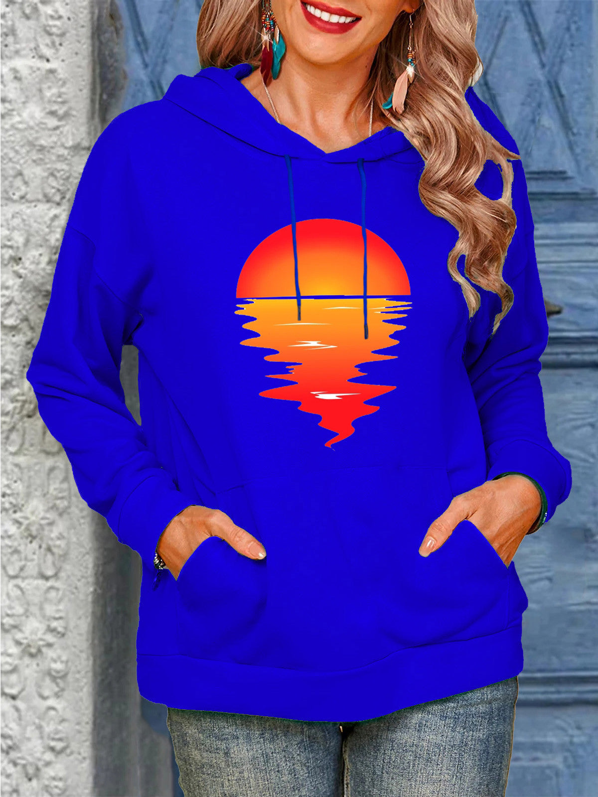 Women's Sun Print Drawstring Casual Hoodie