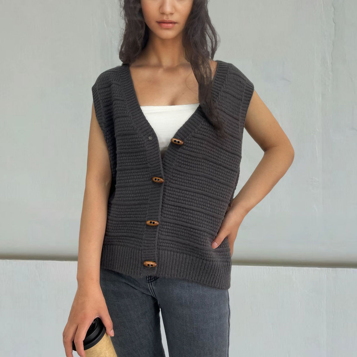 Horn Button Sleeveless V-neck Knitted Vest for Women