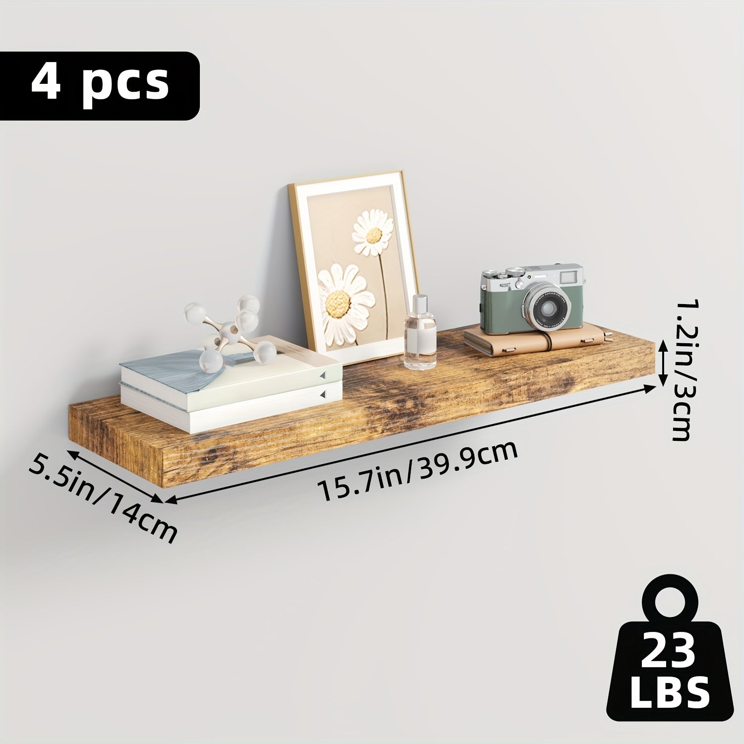 Set of wooden floating shelves for wall-mounted storage