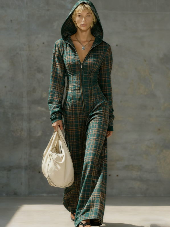 Printed Casual Hooded Zip-Up Slim-Fit Jumpsuit