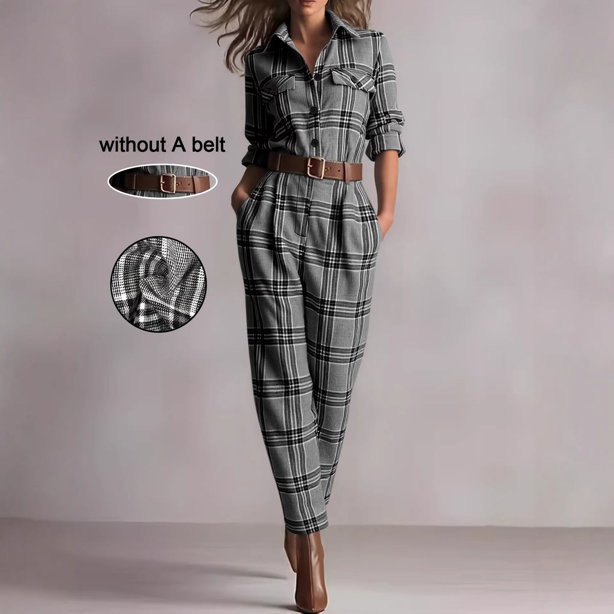 Retro Plaid High-Waisted Pocket Jumpsuit