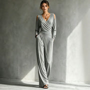 Long-sleeve Waist-cinched Pleated Casual Jumpsuit