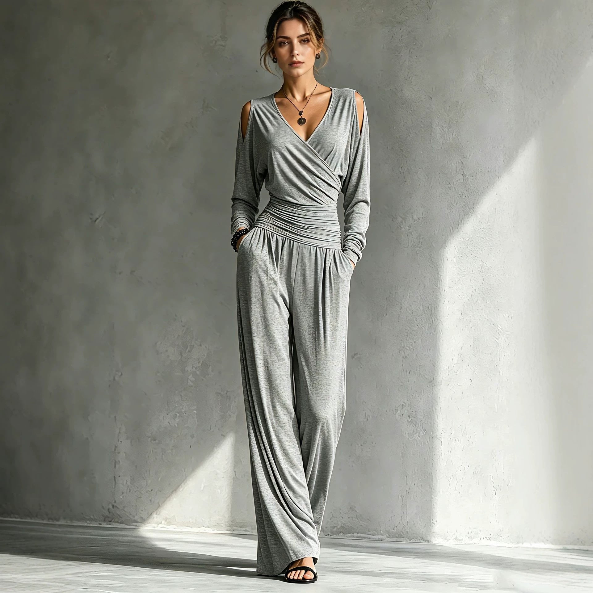 Long-sleeve Waist-cinched Pleated Casual Jumpsuit