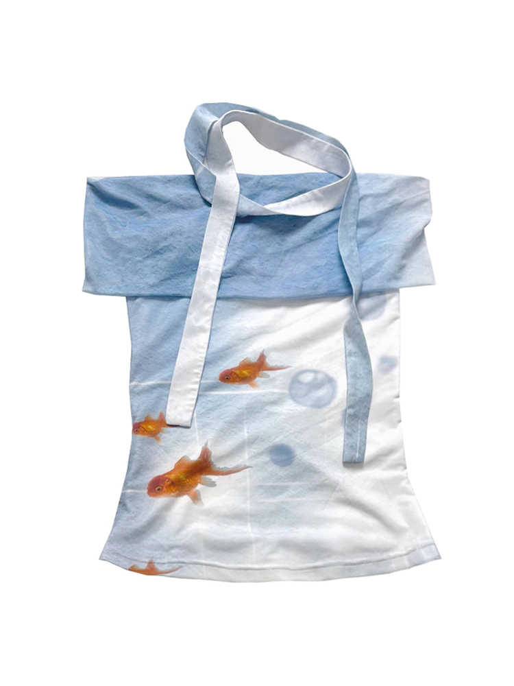 Elastic Slim-fit Off-shoulder Scarf Ribbon Mesh Short Sleeve T-shirt
