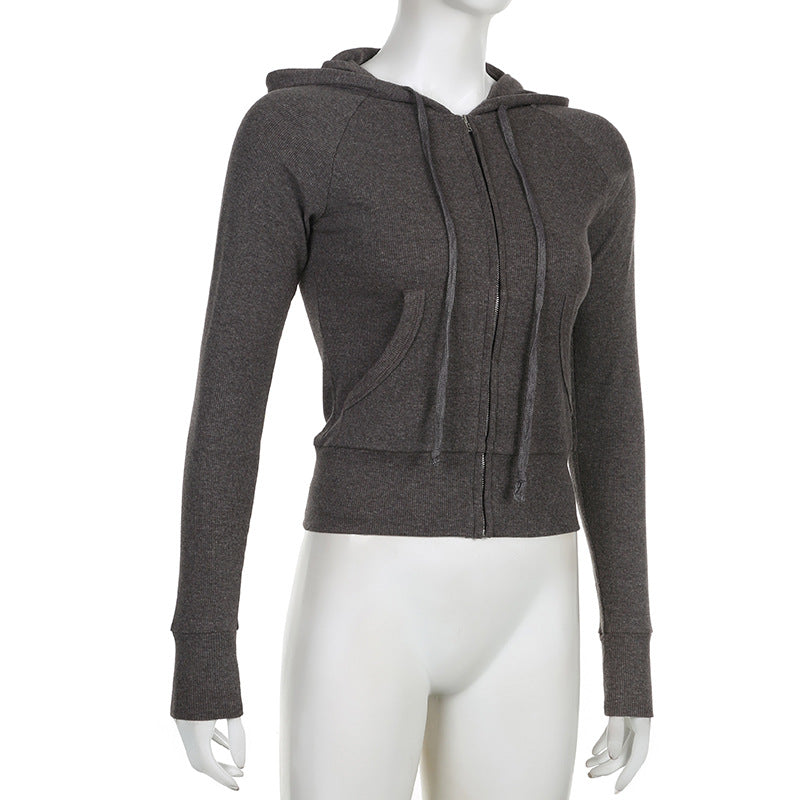 Women's Gray Ribbed Hooded Zip-Up Short Cardigan Sweater