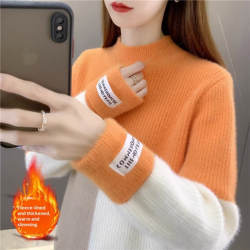 Womens High-waisted Colorblock Mink-blend Sweater