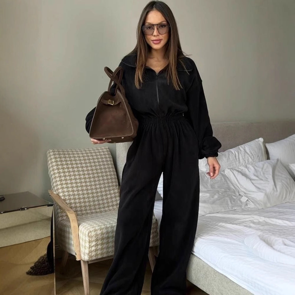 Women's Casual Long Sleeve Elastic Waist Jumpsuit