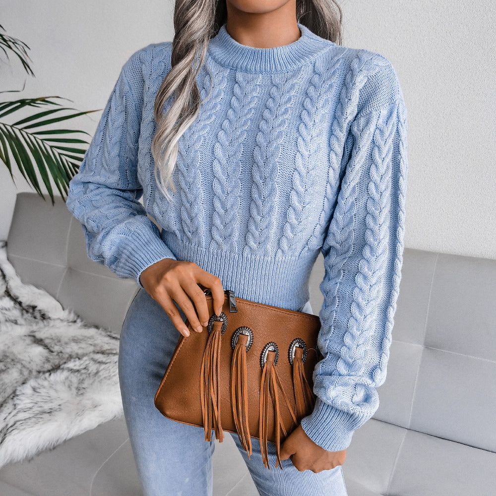 European and American-style Cabled Waist-cinching Cropped Knit Sweater