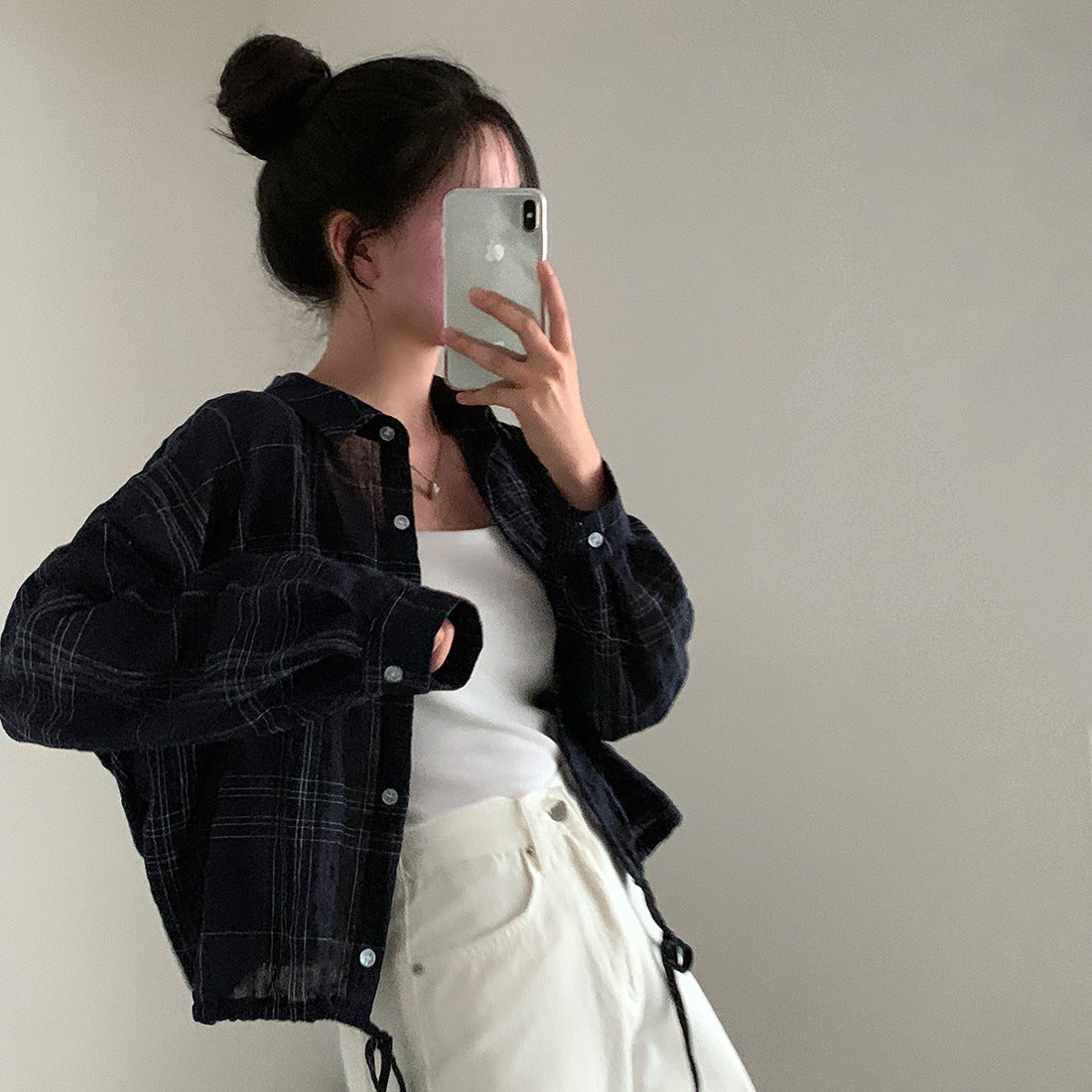 Retro Simple Plaid Loose Lapel Drawstring Long Sleeve Shirt