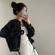Retro Simple Plaid Loose Lapel Drawstring Long Sleeve Shirt