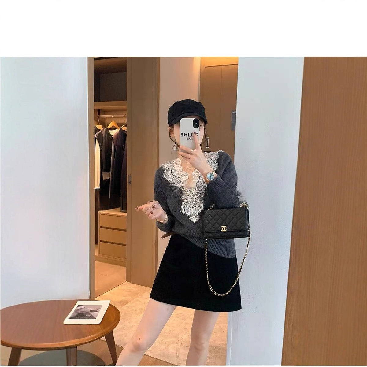 New Soft Creamy Lace-embellished Long-sleeve Sweater with a Pure Yet Seductive Vibe