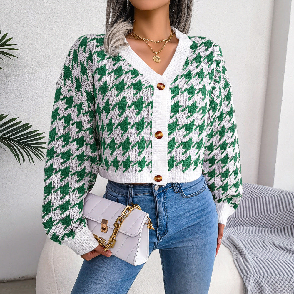 Chic Check Lantern Sleeve V-Neck Cardigan Sweater