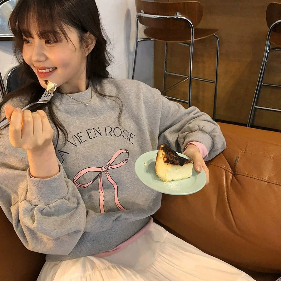 Chic Bowknot Print Loose Cotton Sweatshirt for Women