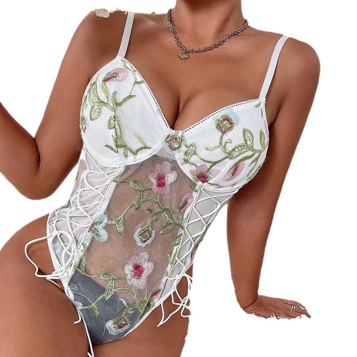 Floral Embroidered See-Through Strappy Romper