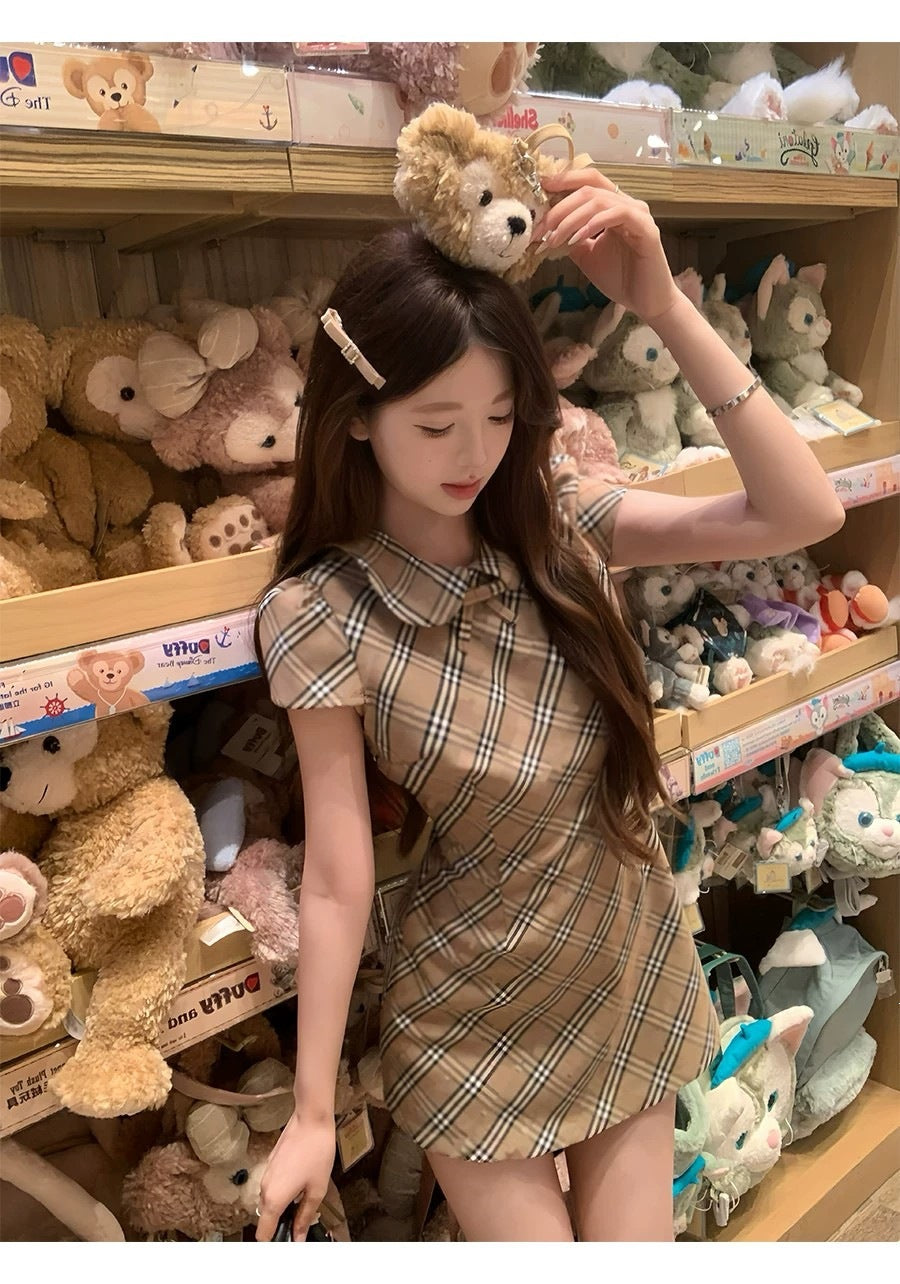 Sweet Aristocratic Plaid Mini Dress with Belt