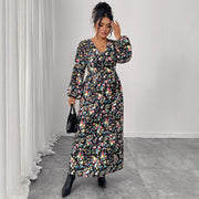Printed V-neck High-waist Loose-fitting Dress Fashionable and Figure-flattering