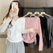 Short Belly Covering Slimming Drawstring V-neck Shoulder T-shirt