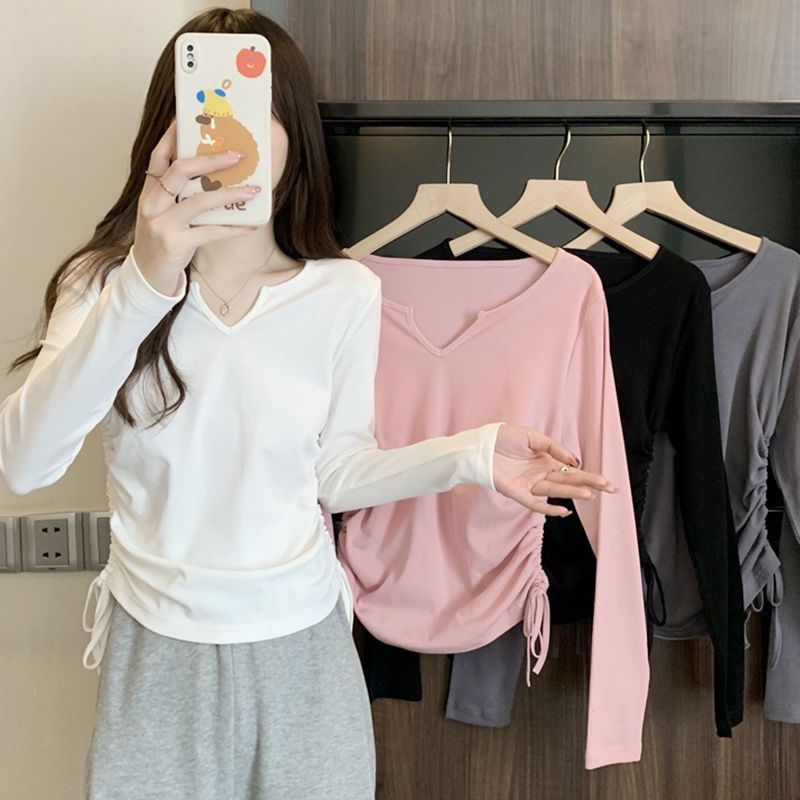 Short Belly Covering Slimming Drawstring V-neck Shoulder T-shirt