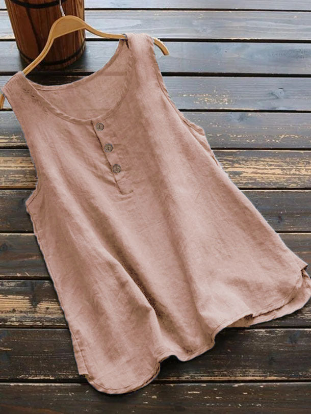 Solid Color Round Neck Loose Casual Vest Cotton Linen Shirt Women