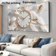 1pc Large Modern Golden Marble-like Frameless Wall Clock Poster - White & Golden Feather-like second hand Accent - Minimalist Beige/Gray/White/Golden Large-Scale Timepiece for Living Room, - Easy Install (No Frame)