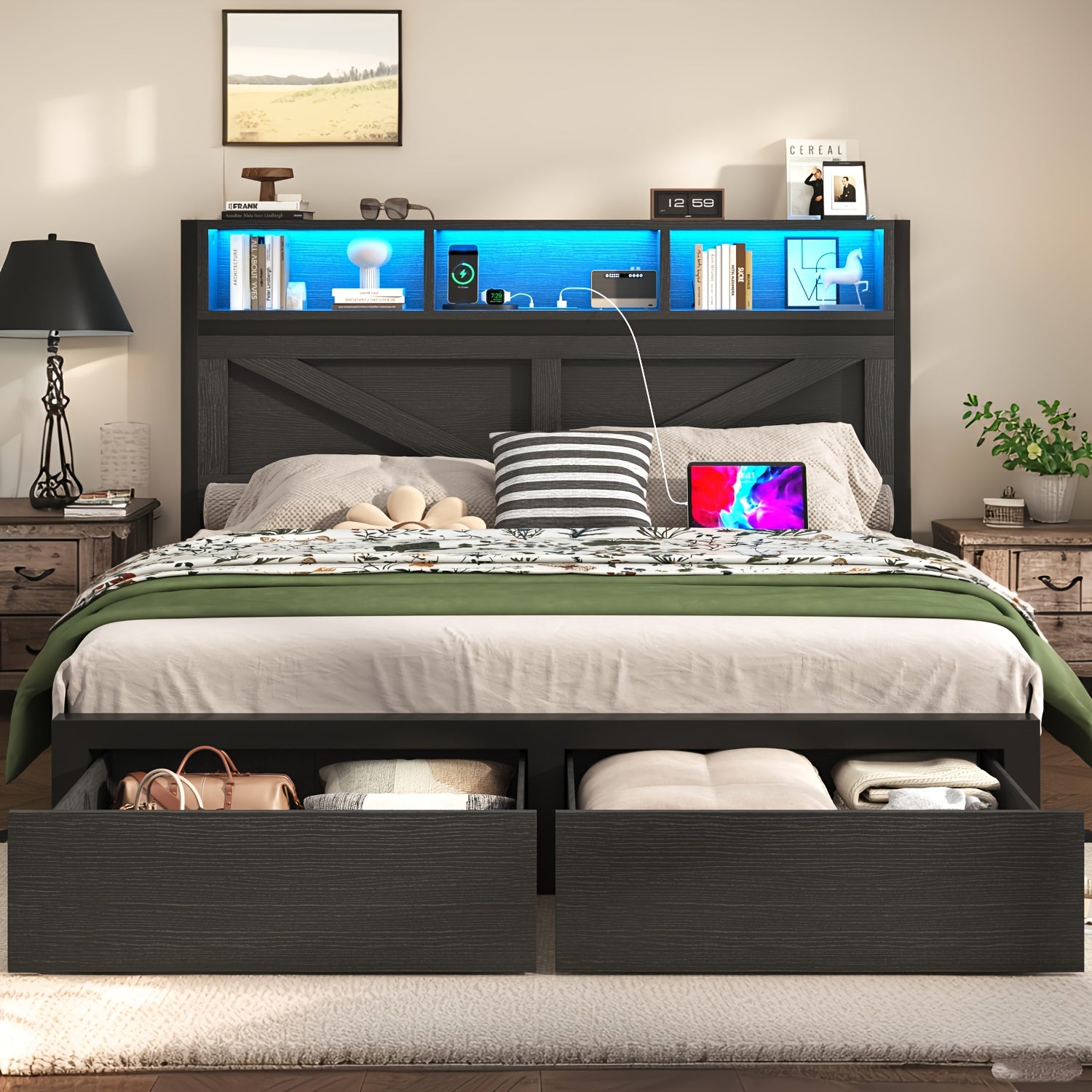 Farmhouse Storage Bed Frame with Headboard Drawers, Built‑in LED Light and USB Charging Outlet