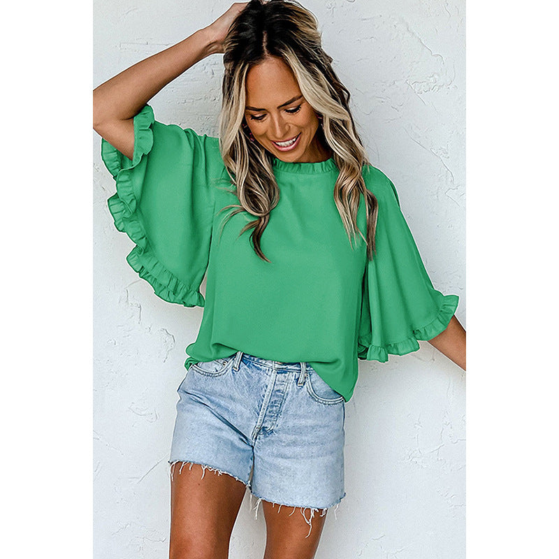 Women's Design Pleated Half Sleeve Loose All-match Chiffon Shirt
