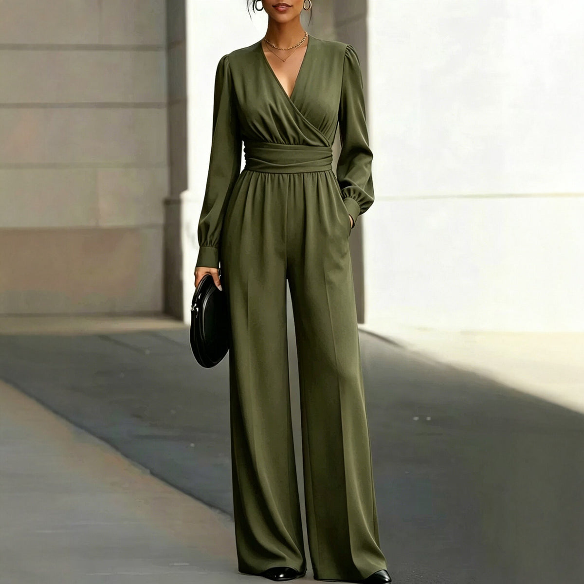 Elegant Long-Sleeve V-Neck Jumpsuit with Fitted Waist
