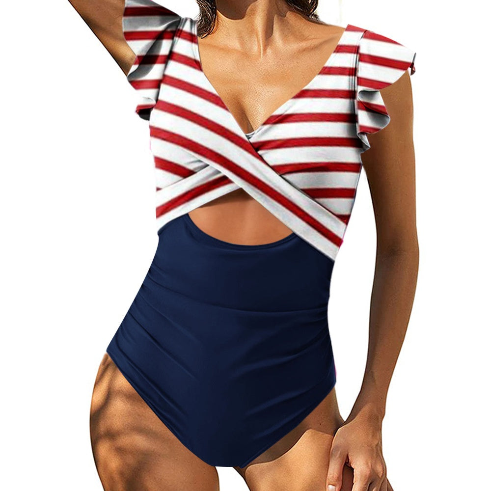 Color Block Flounce Tummy Control One-Piece Swimsuit