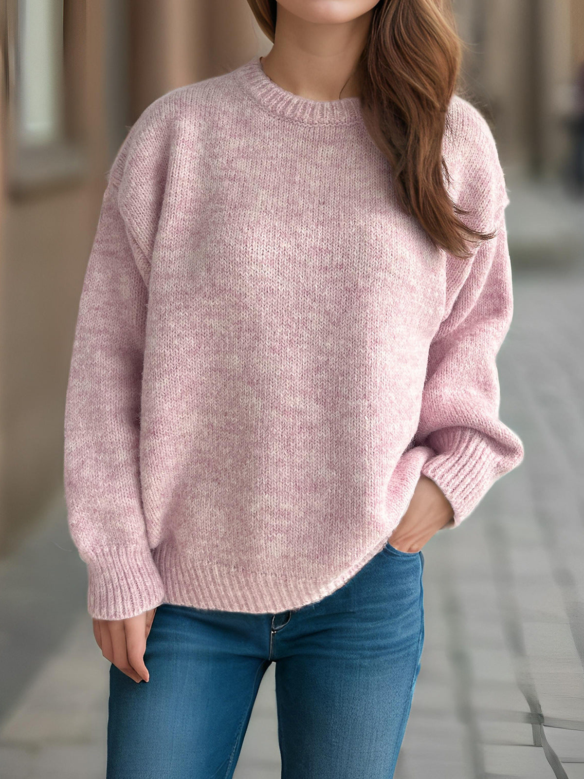 Womens Loose-fitting Crew-neck Sweater for Fall and Winter