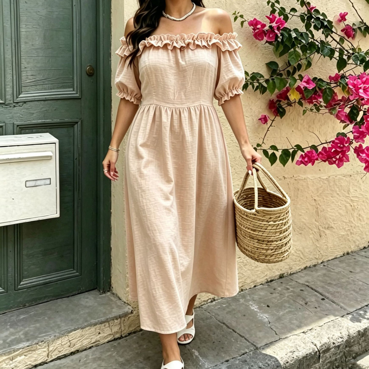Womens Solid Color One-shoulder Ruffled Dress