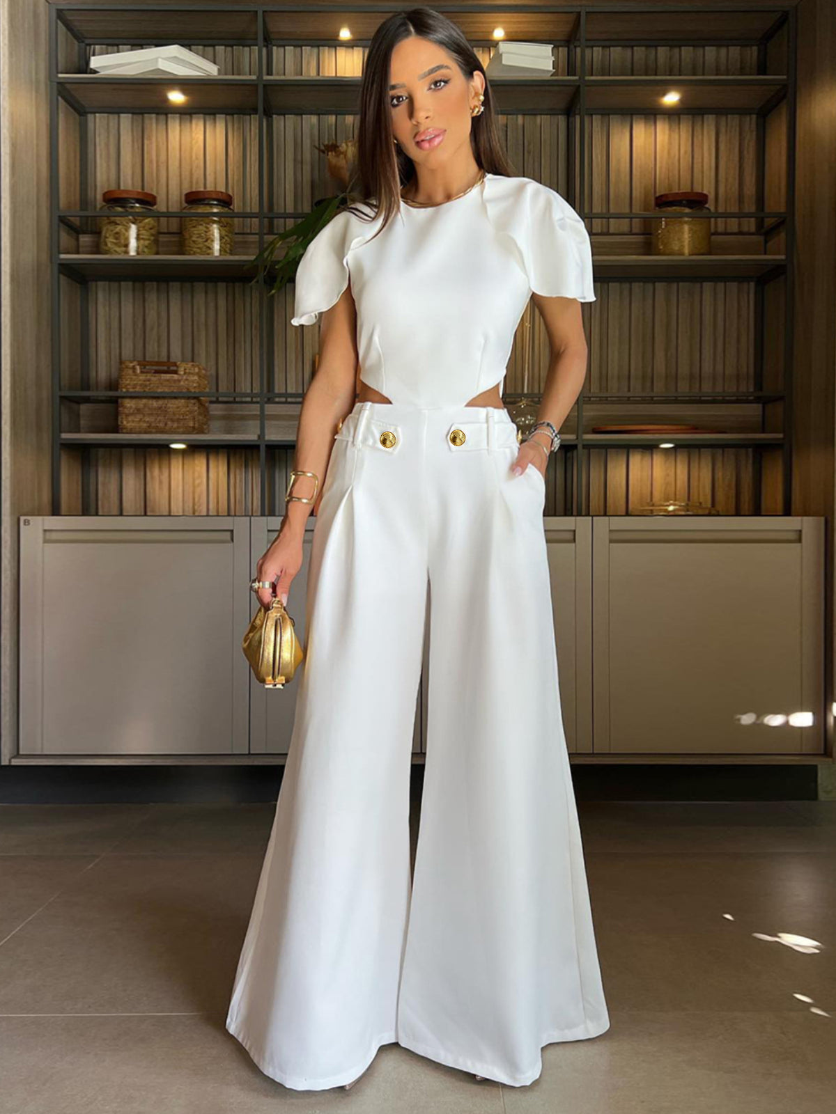 Chic Short-Sleeve Wide-Leg Midriff Jumpsuit for Women