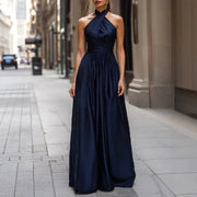 Sleeveless Backless Elegant Halter-neck Satin High-waisted Dress for Women