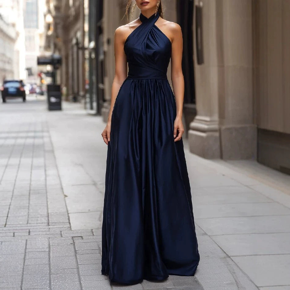 Sleeveless Backless Elegant Halter-neck Satin High-waisted Dress for Women