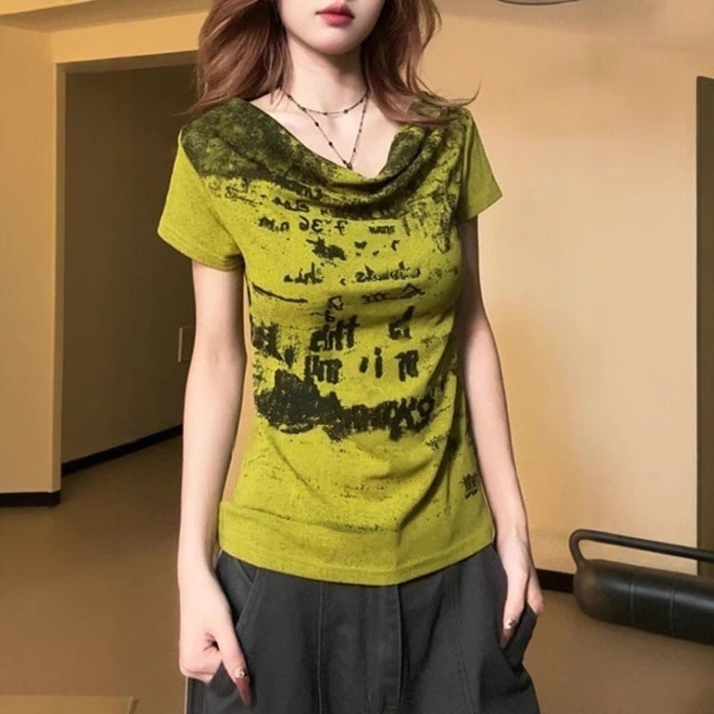 Retro Off‑Shoulder Boat‑Neck Tee – Slim Fit 3D Print