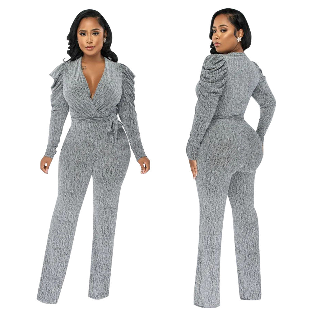 Glossy V-Neck Puff Sleeve Waist-Trimming Jumpsuit