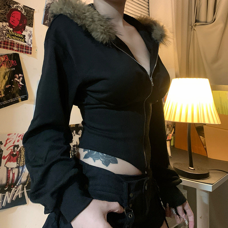 Women's Fur Collar Hooded Cardigan Sweater