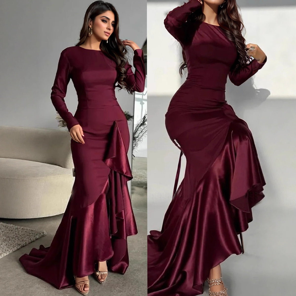 Womens Amazon-style Personality Long-sleeve Fishtail Dress