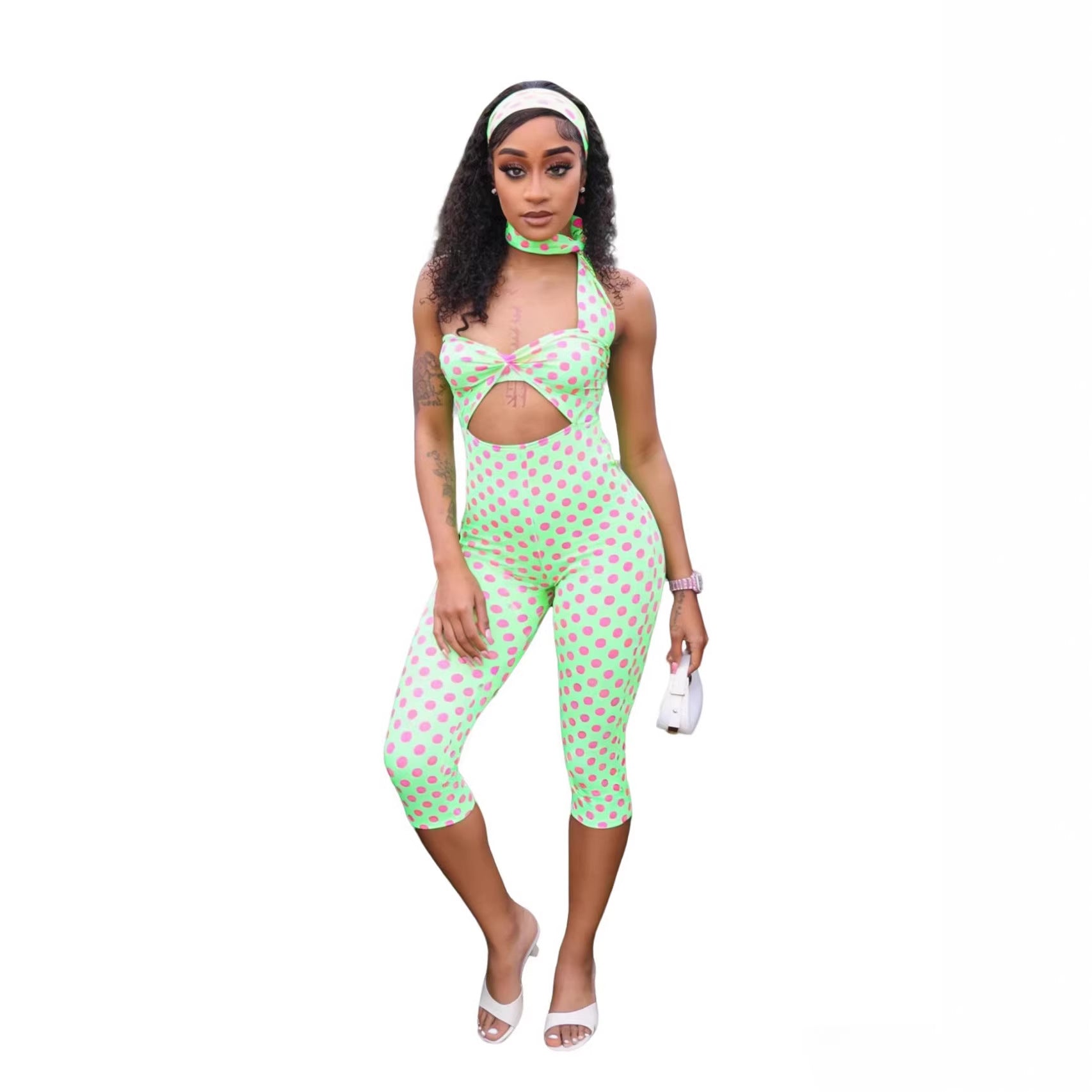 Polka-Dot Halter Bandeau Jumpsuit with Matching Headscarf