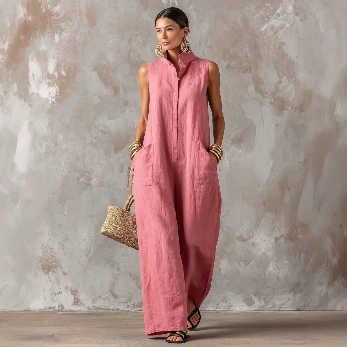 Chic Linen-Blend Stand-Collar Sleeveless Jumpsuit