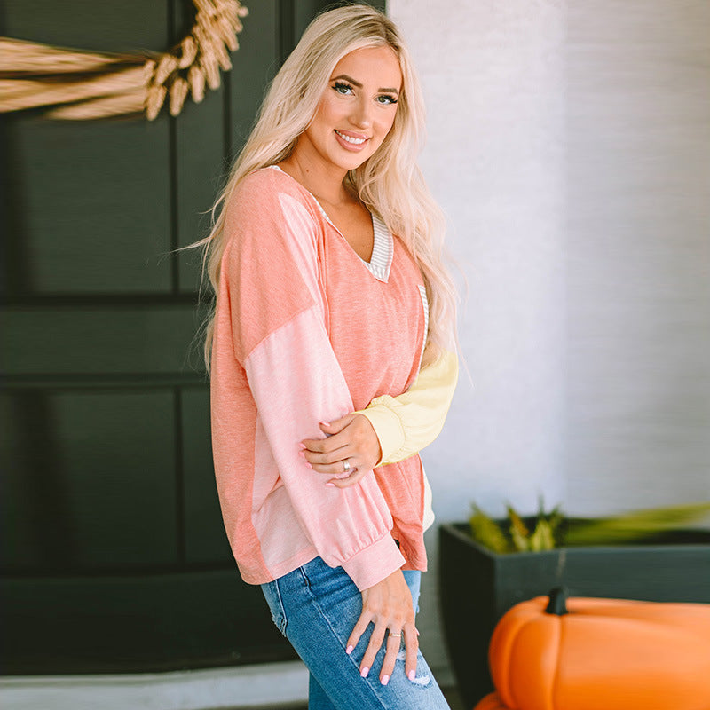 Women's Striped V-Neck Long Sleeve Casual Hoodie