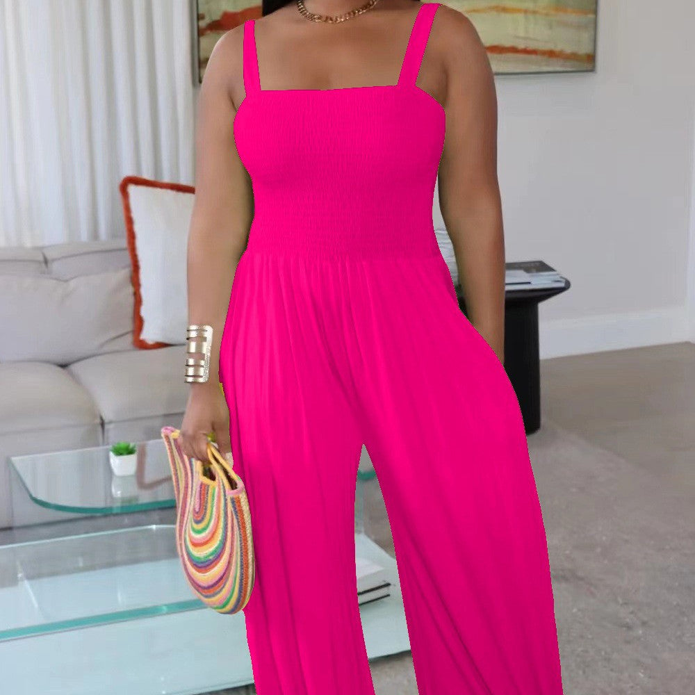 Casual Solid Color Strap Tube Top Wide Leg Jumpsuit