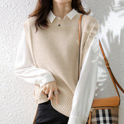 Women's Knitted Floral Crew-Neck Vest – Loose Fit, Sleeveless Waistcoat