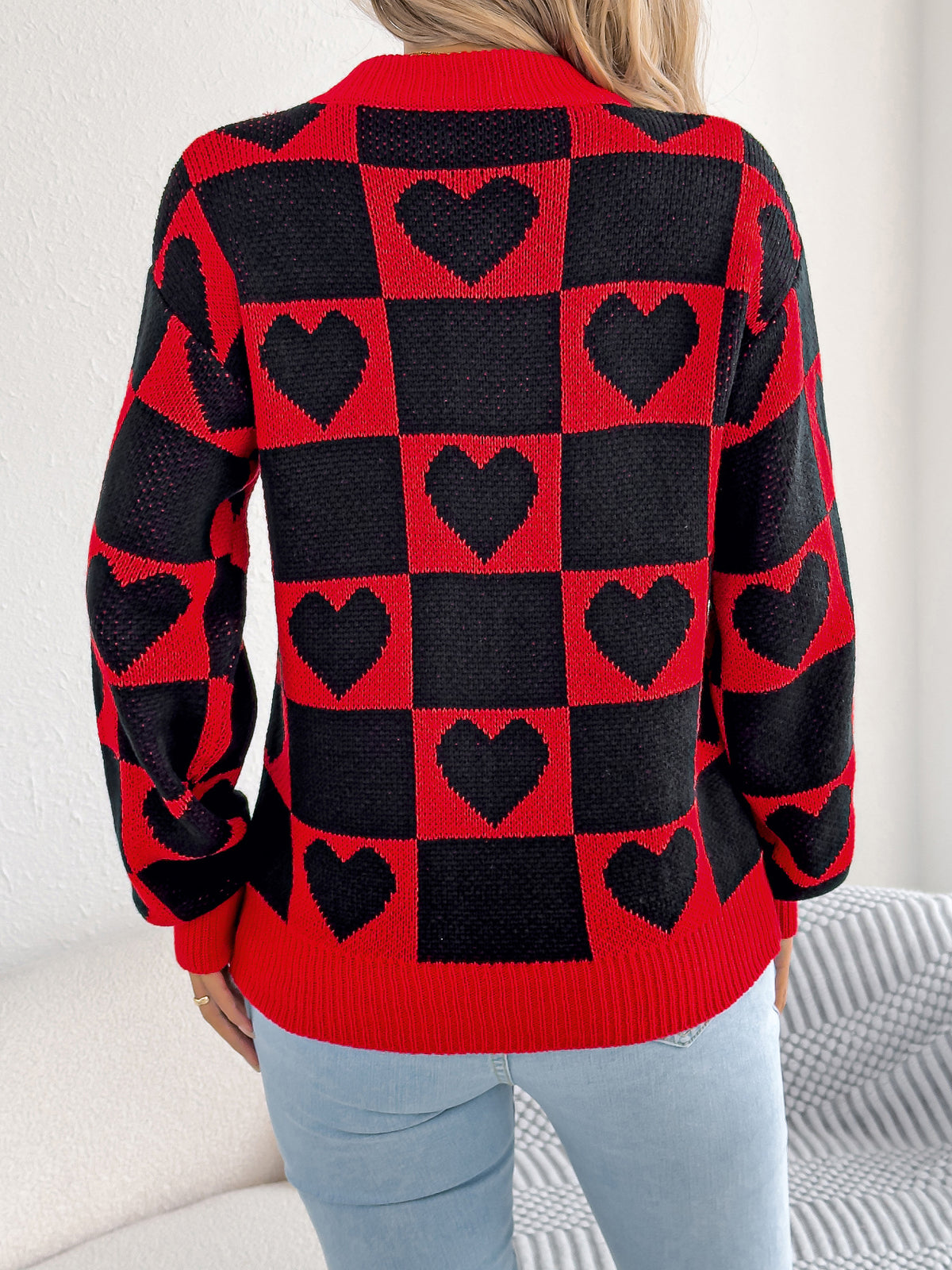 Women's Color-blocked Plaid Heart Lantern Sleeve Pullover Sweater for Valentine's Day