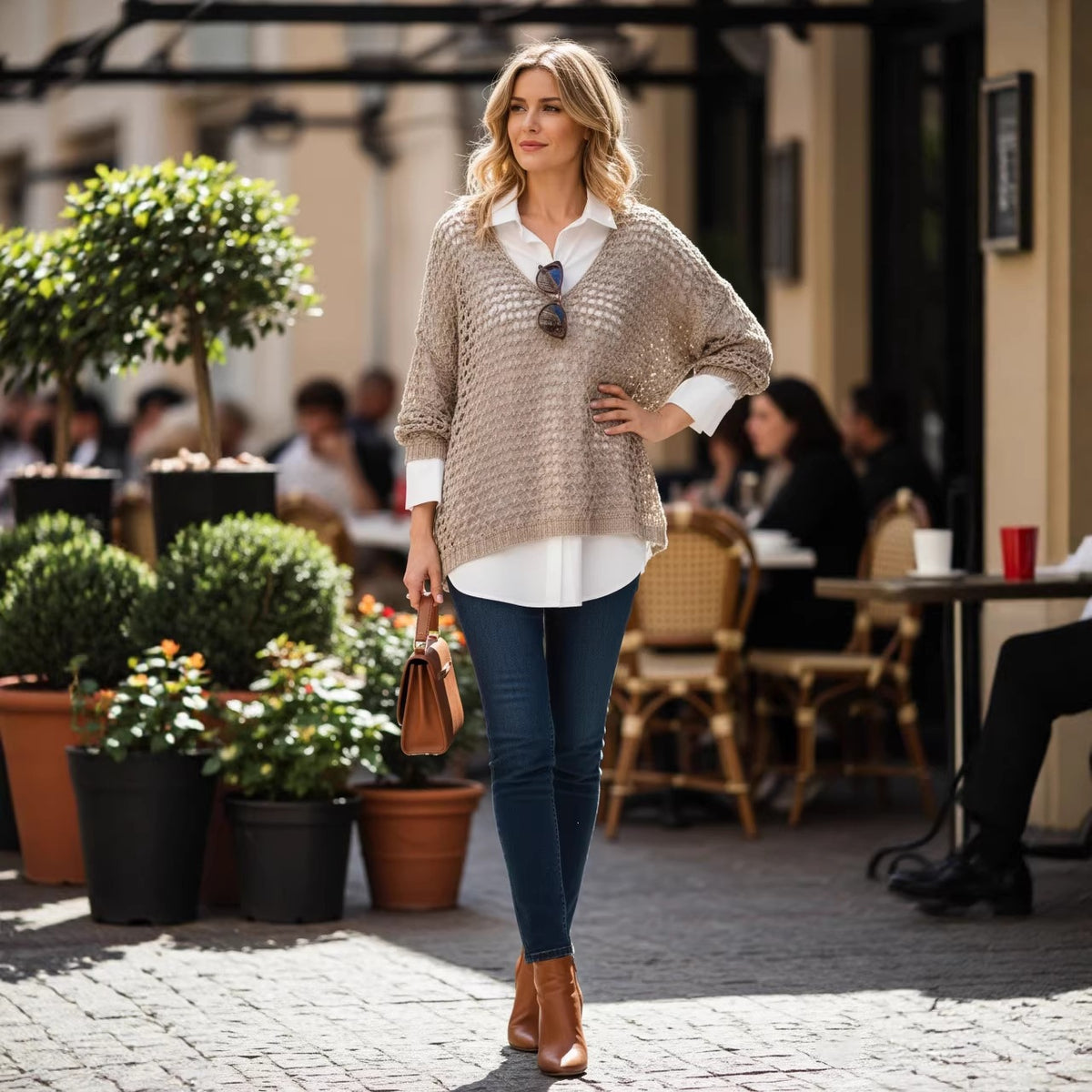 Relaxed-style Hollow-out Knit Sweater Womens Loose-fitting Oversized V-neck Pullover