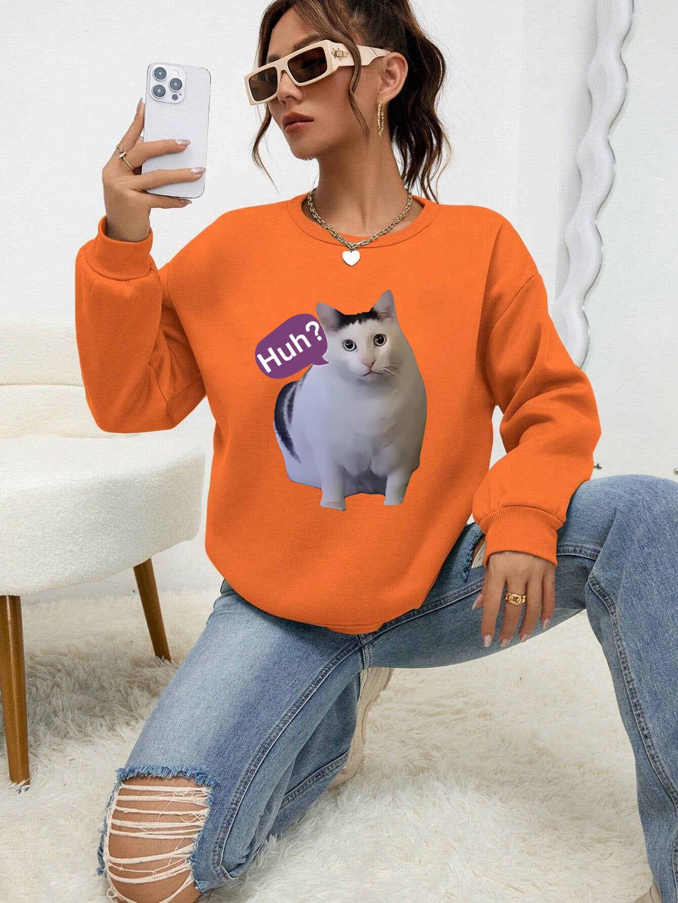 Cute Cat Print Women's Casual Pullover Sweater
