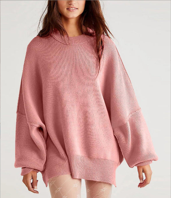 Thick Needle Side Slit Sweater Round Neck Loose Solid Color Batwing Long Sleeve Sweater for Women